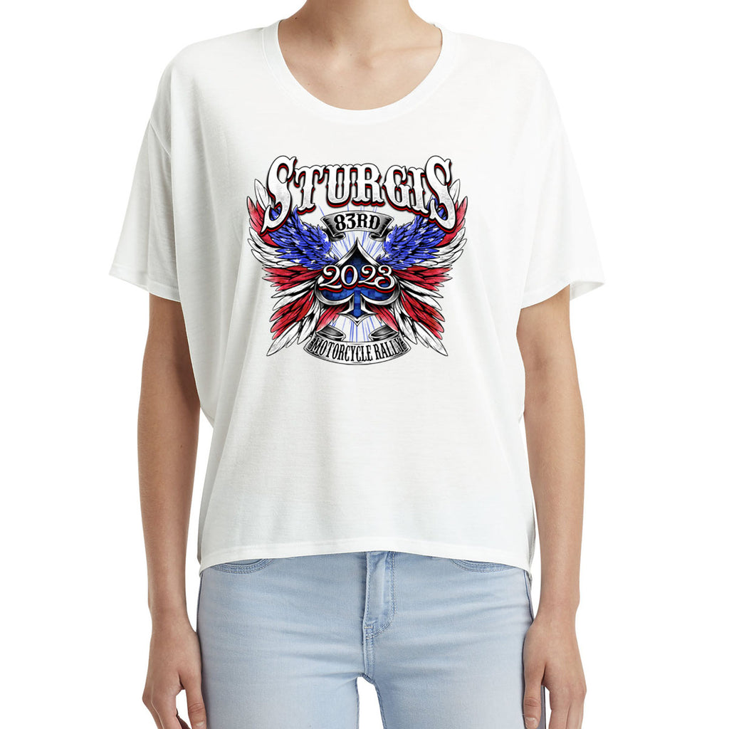 Ladies 2023 Sturgis Motorcycle Rally Patriotic Angel Freedom T-Shirt