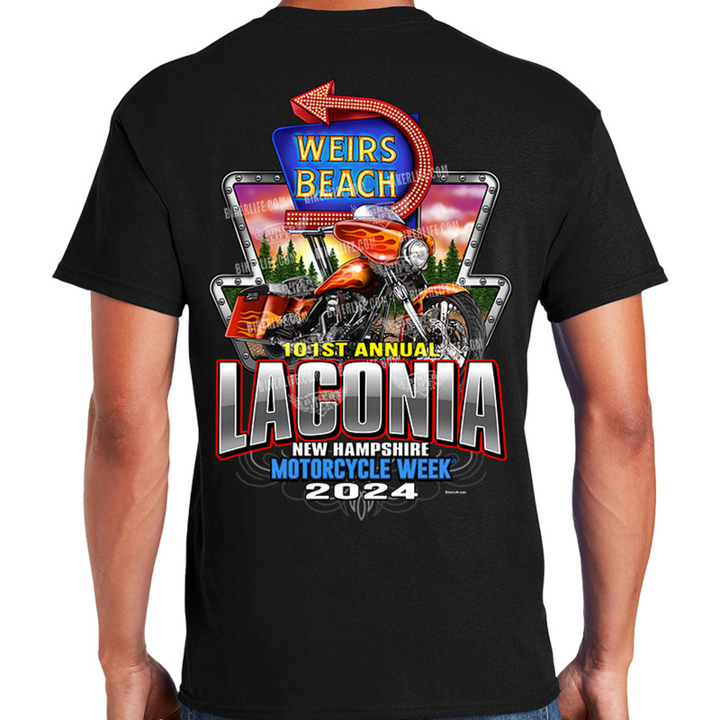 2024 Laconia Motorcycle Week Weirs Beach Neon Sign Sunset 101st Anniversary T-Shirt