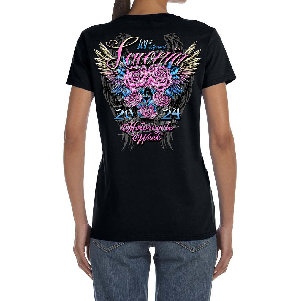 Ladies Missy Cut 2024 Laconia Motorcycle Week Rose Blossom Wings T-Shirt