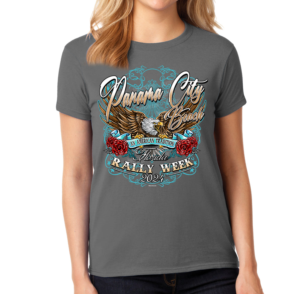 Ladies Missy Cut 2024 Panama City Beach Rally Week Freedom Eagle Rose T-Shirt
