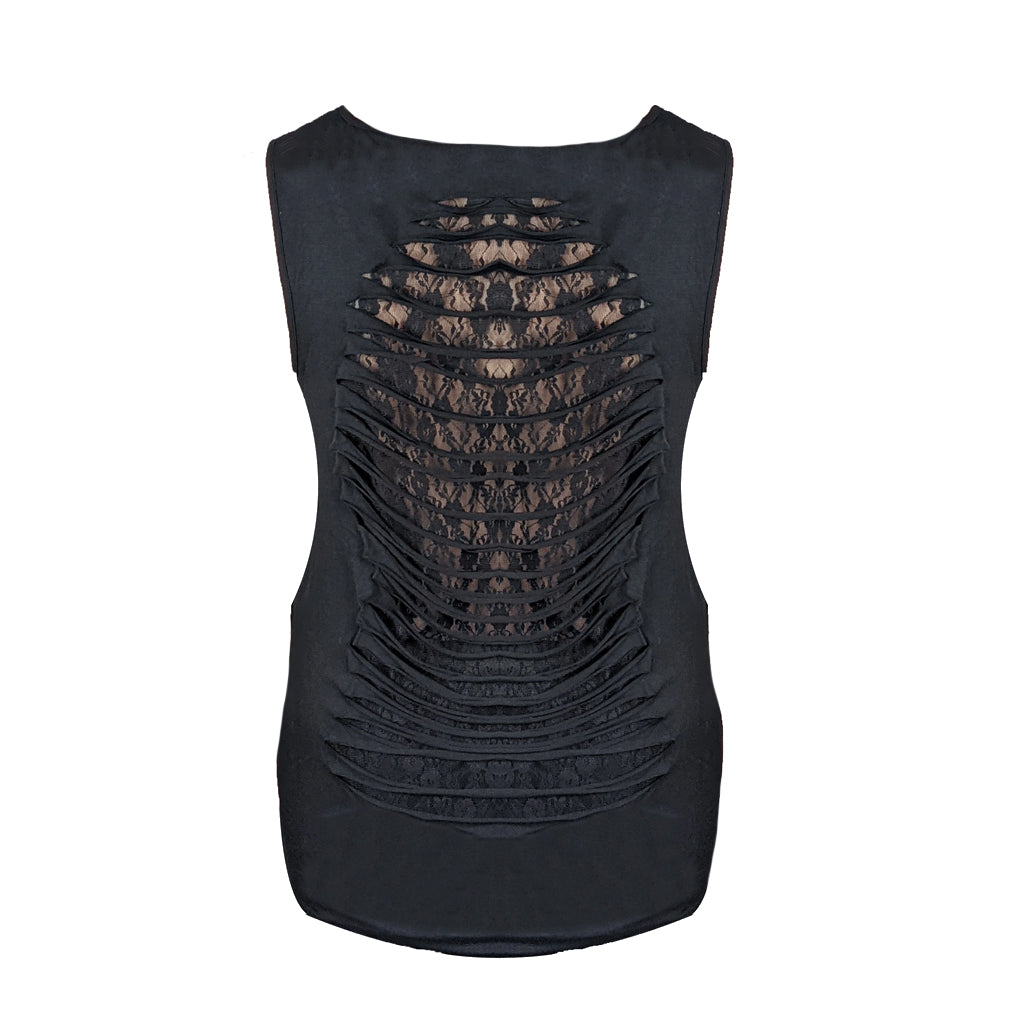 Ladies 2024 Sturgis Motorcycle Rally Grunge & Chains Skull Wing Shredded Lace Back Tank Top