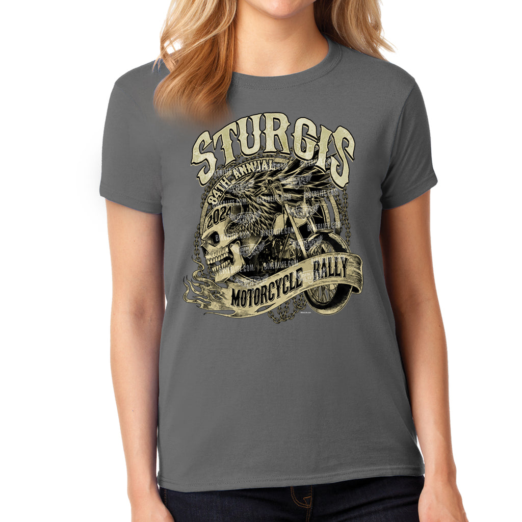 Ladies Missy Cut 2024 Sturgis Motorcycle Rally Grunge & Chains Skull Wing T-Shirt