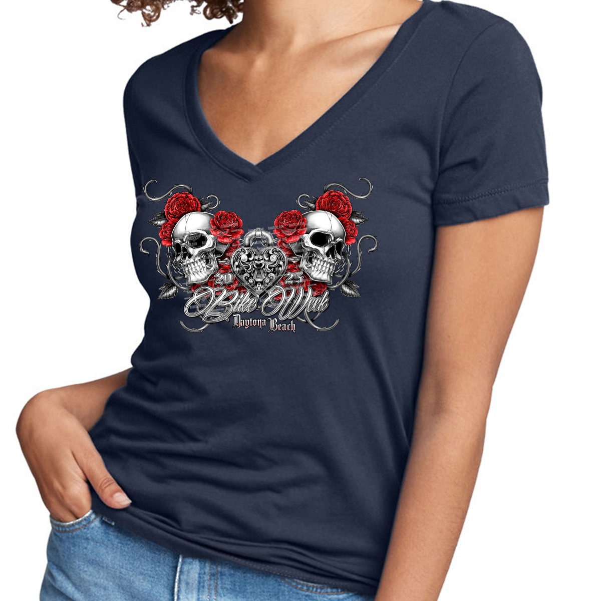 Ladies Jr. Cut 2025 Bike Week Daytona Beach Heart Locket VNeck Shirt