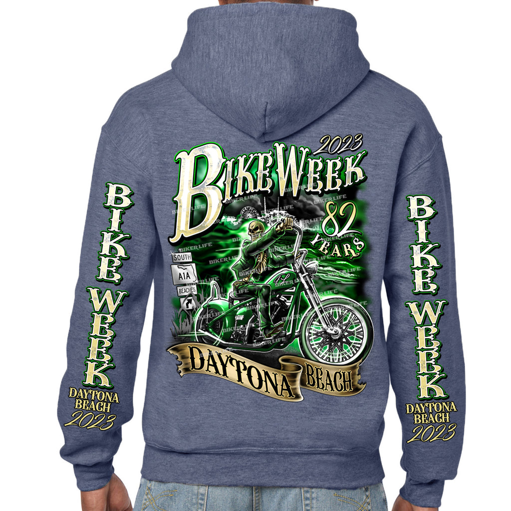 2023 Bike Week Daytona Beach Green Skeleton Rider Pullover Hoodie