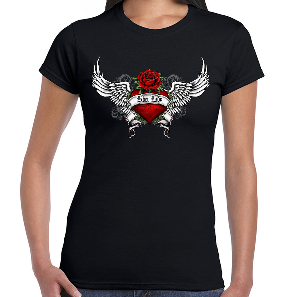 Ladies Heart Of An Angel Biker Crew Neck T-Shirt