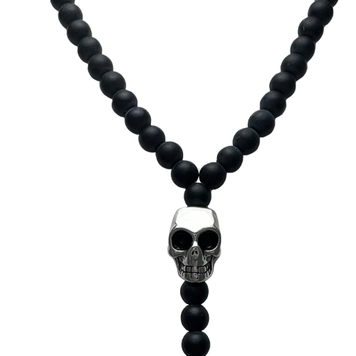 Black Beads Stainless Steel Skulls Necklace