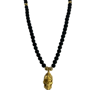 Black & Gold Beads Necklace with Stainless Steel Gold PVD Skull Pendant