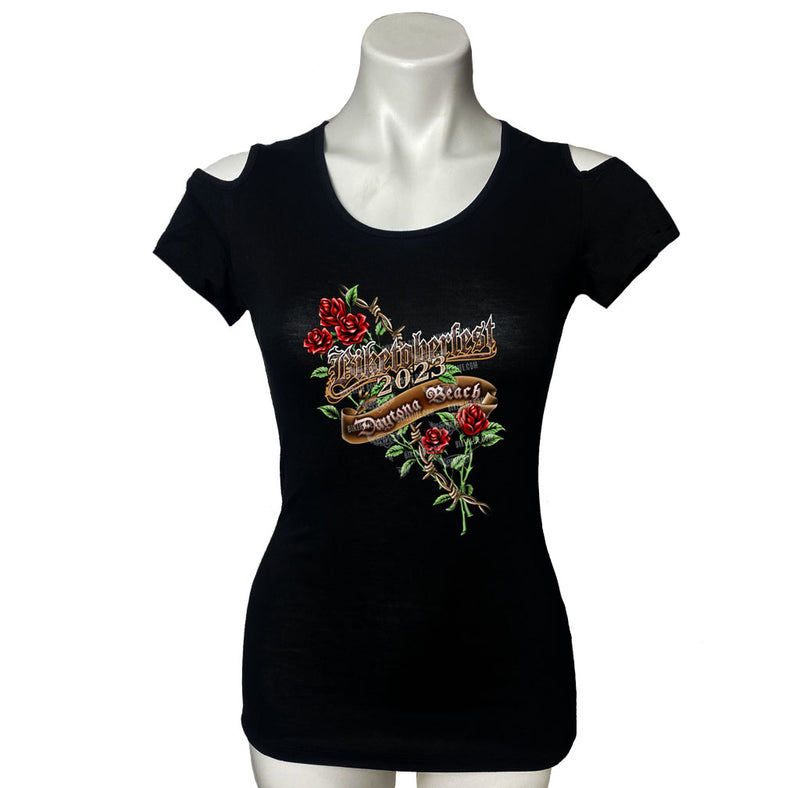 Ladies 2023 Biketoberfest Daytona Beach Barbed Wire Roses Cut Shoulder Lace Back Shirt