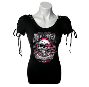 Ladies 2023 Biketoberfest Daytona Beach Pink Grunge Biker Corset Sleeve Shirt