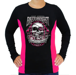 Ladies 2023 Biketoberfest Daytona Beach Pink Grunge Biker Color Block Long Sleeve
