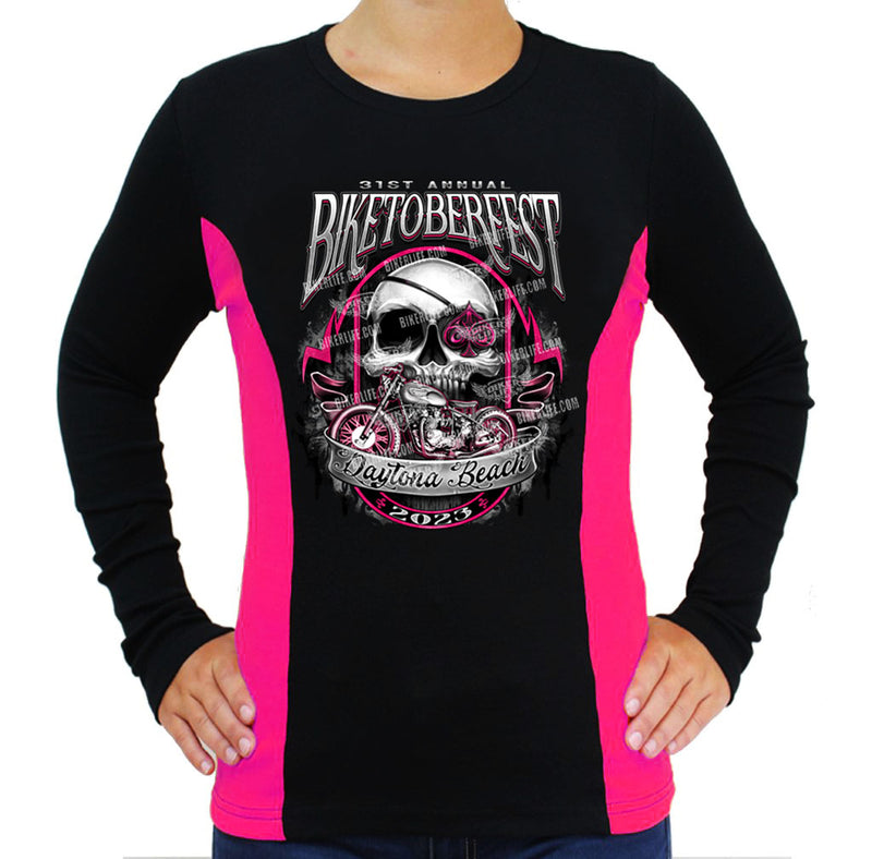 Ladies 2023 Biketoberfest Daytona Beach Pink Grunge Biker Color Block Long Sleeve