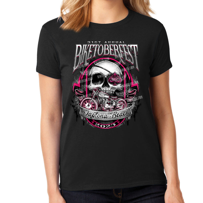 Ladies Missy Cut 2023 Biketoberfest Daytona Beach Pink Grunge Biker T-Shirt