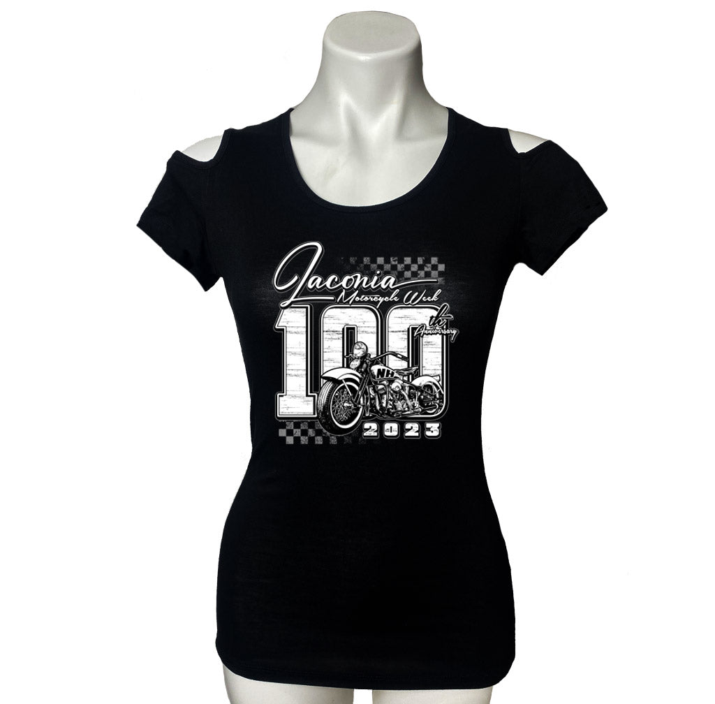 Ladies 2023 Laconia Motorcycle Week 100 Years Finish Line Cut Shoulder Lace Back Shirt
