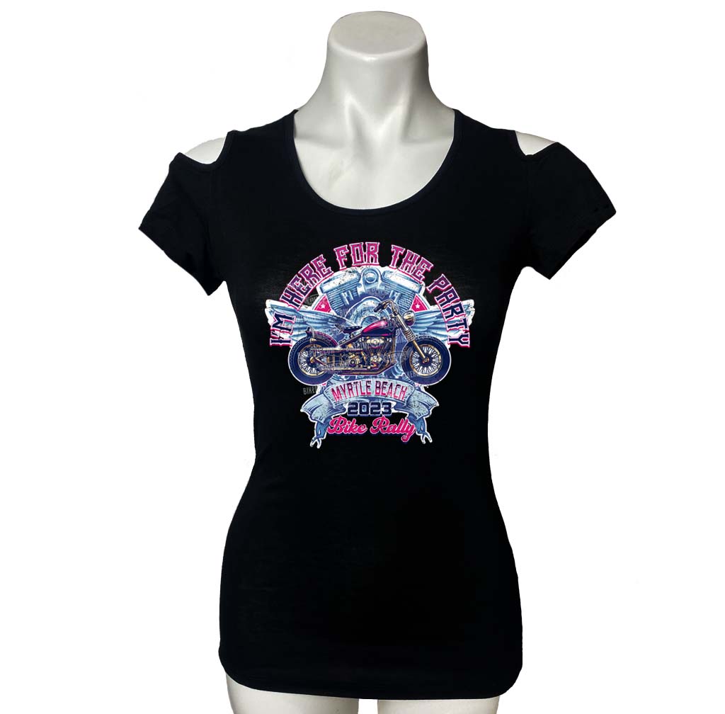 Ladies 2023 Myrtle Beach Bike Rally Here To Party Cut Shoulder Lace Back Shirt