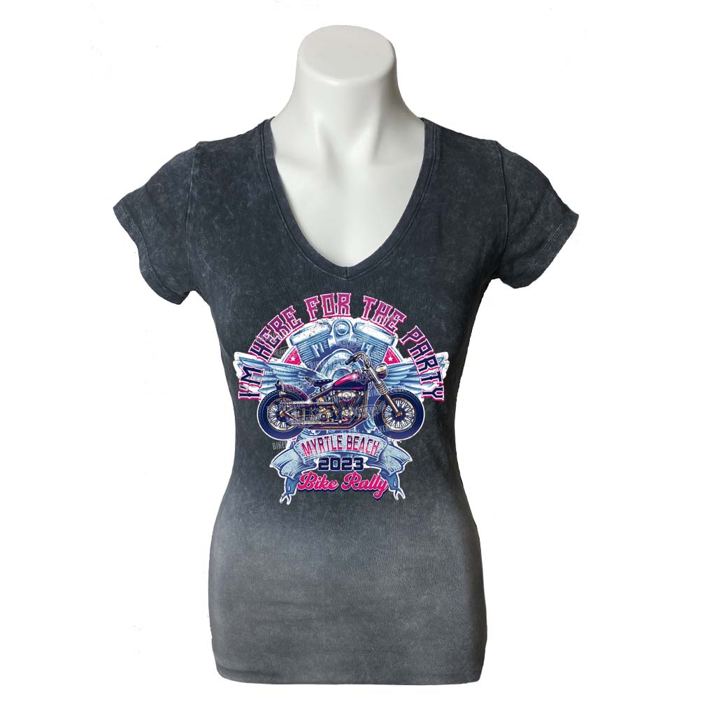 Ladies 2023 Myrtle Beach Bike Rally Here To Party Faded Cut & Tie V-Neck