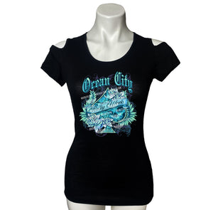 Ladies 2023 Ocean City Rally Week Turquoise Floral Spade Cut Shoulder Lace Back Shirt
