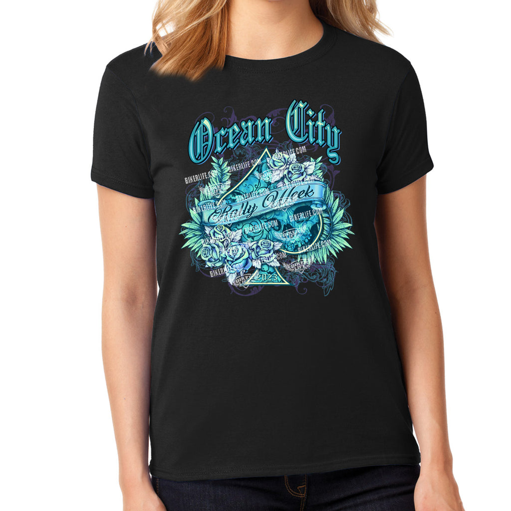 Ladies Missy Cut 2023 Ocean City Rally Week Turquoise Floral Spade T-Shirt