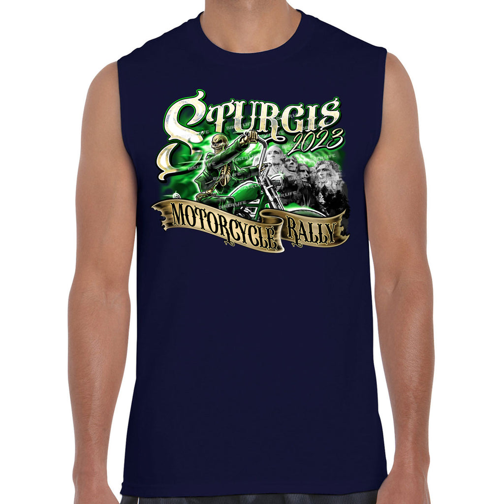 2023 Sturgis Motorcycle Rally Green Skeleton Rider Muscle Shirt