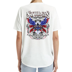 Ladies 2023 Sturgis Motorcycle Rally Patriotic Angel Freedom T-Shirt