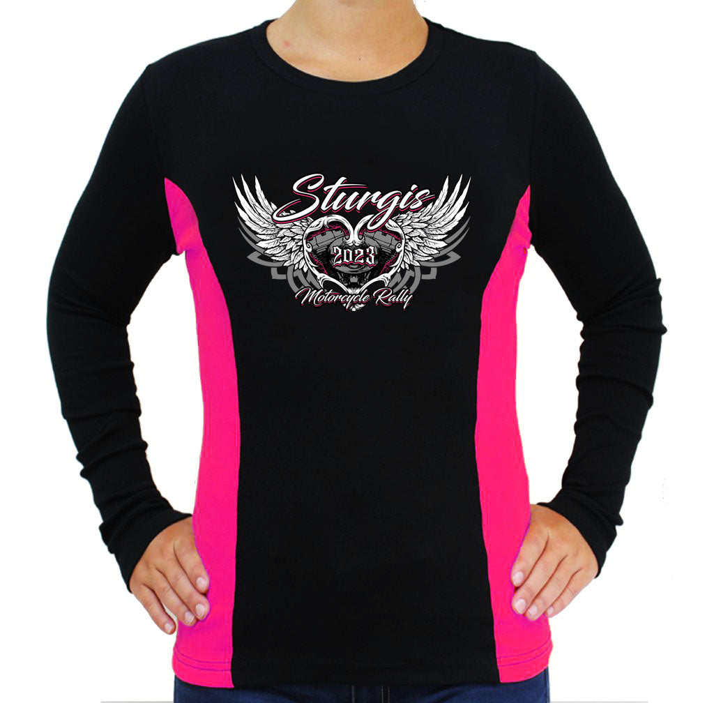 Ladies 2023 Sturgis Motorcycle Rally Love Wings Color Block Long Sleeve