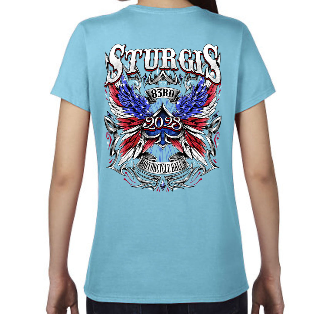 Ladies 2023 Sturgis Motorcycle Rally Patriotic Angel T-Shirt