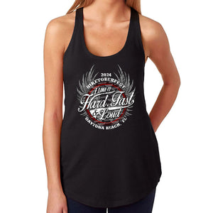 Ladies Jr. Cut 2024 Biketoberfest Daytona Beach Hard, Fast, & Loud Racerback Tank Top