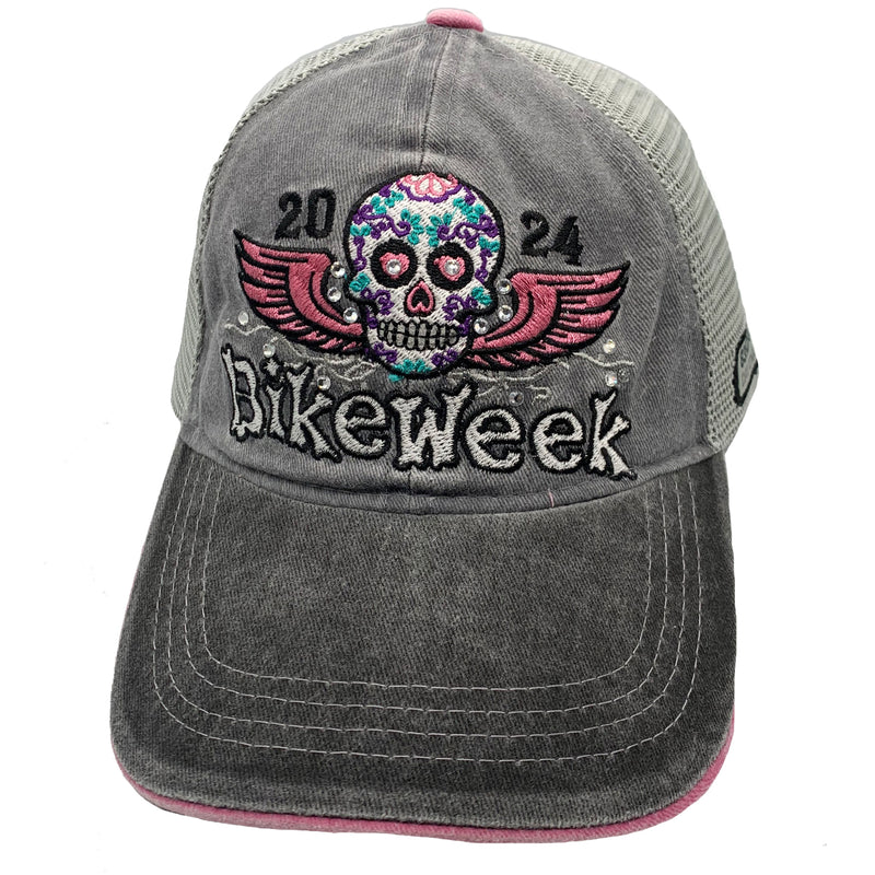 Ladies 2024 Bike Week Daytona Beach Bling Sugar Skull Wings Hat