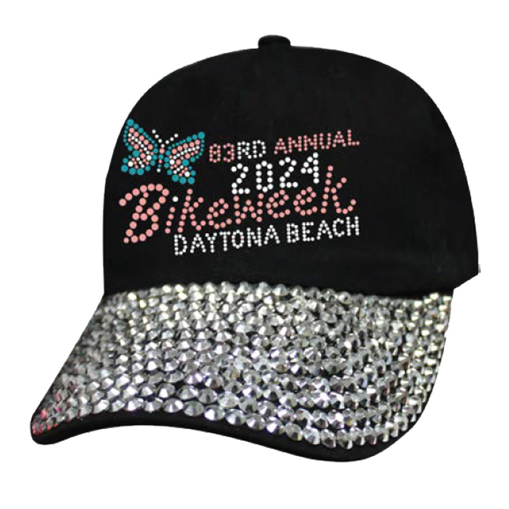 Ladies 2024 Bike Week Daytona Beach Rhinestone Butterfly Bling Hat