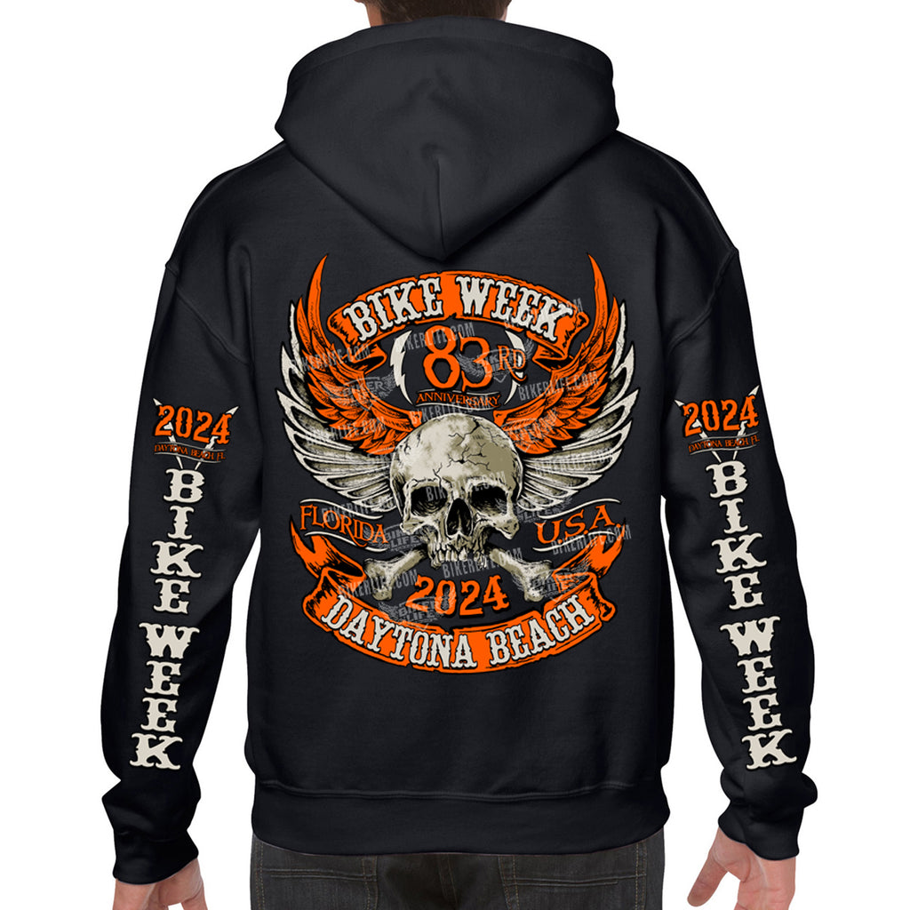 2024 Bike Week Daytona Beach Orange Skull Wings Pullover Hoodie