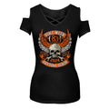 Ladies 2024 Bike Week Daytona Beach Orange Skull Wings Cut Shoulder Chest Detail Shirt