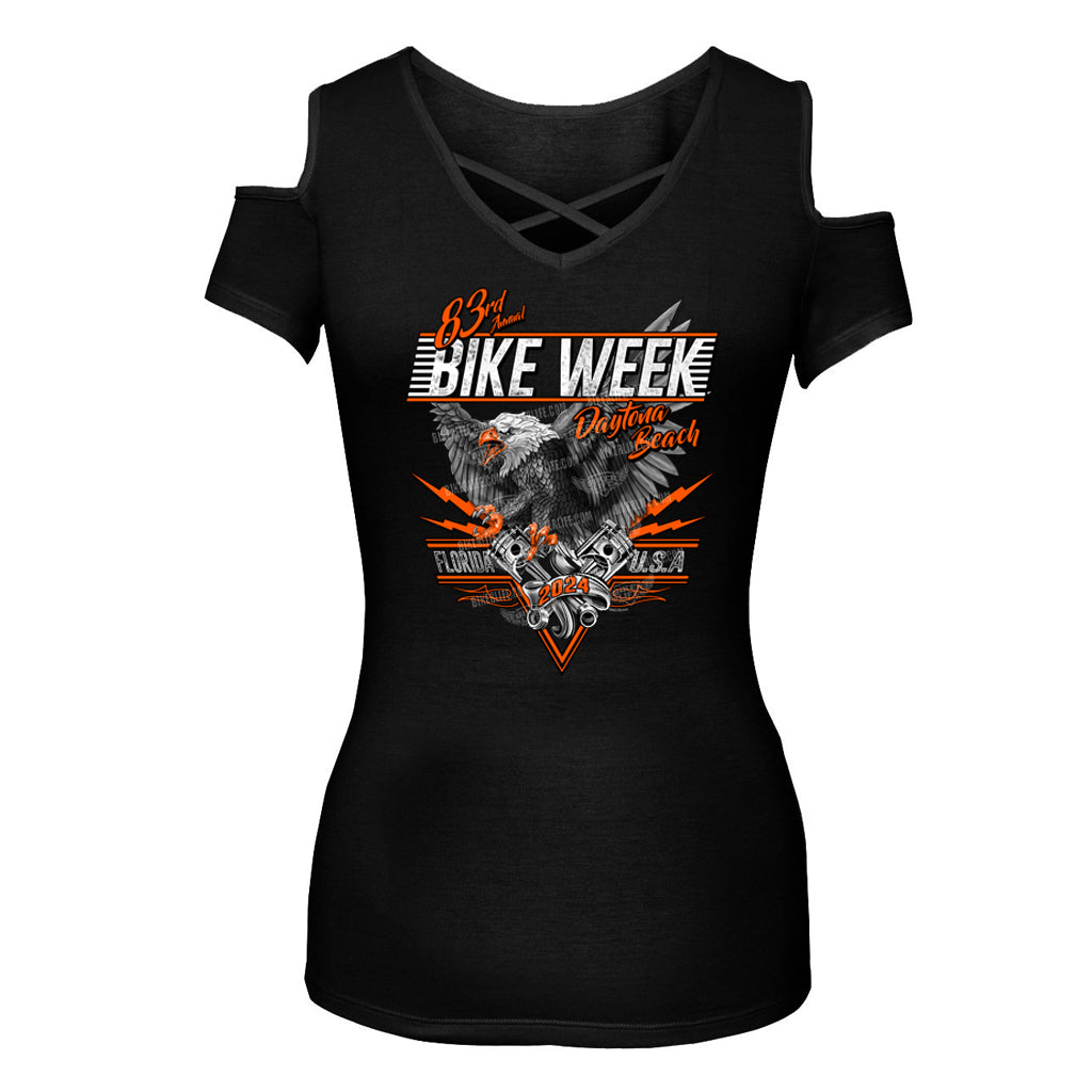 Ladies 2024 Bike Week Daytona Beach Wild Eagle Cut Shoulder Chest Detail Shirt