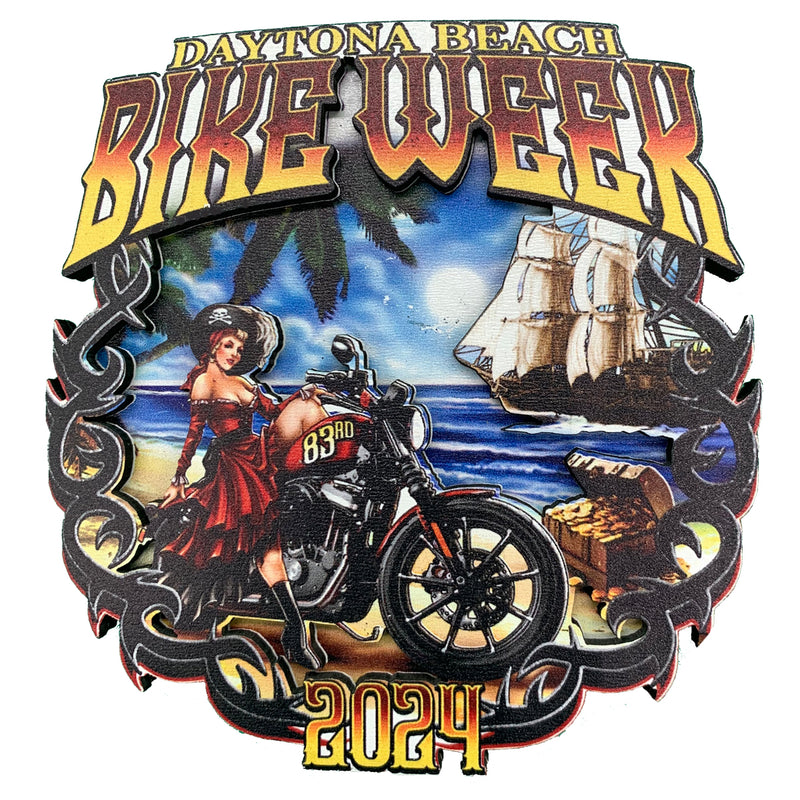 2024 Bike Week Daytona Beach Rockabilly Pirate Pin-up Wooden 3D Magnet