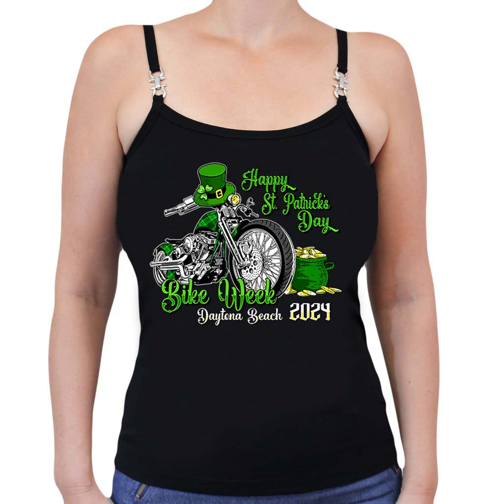 Ladies 2024 Bike Week Daytona Beach Gettin Lucky St. Paddy's Day Buckle Spaghetti Strap Tank