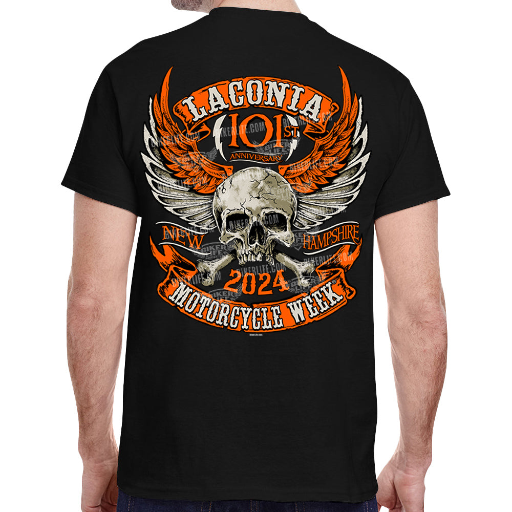 2024 Laconia Motorcycle Week Orange Skull Wings T-Shirt