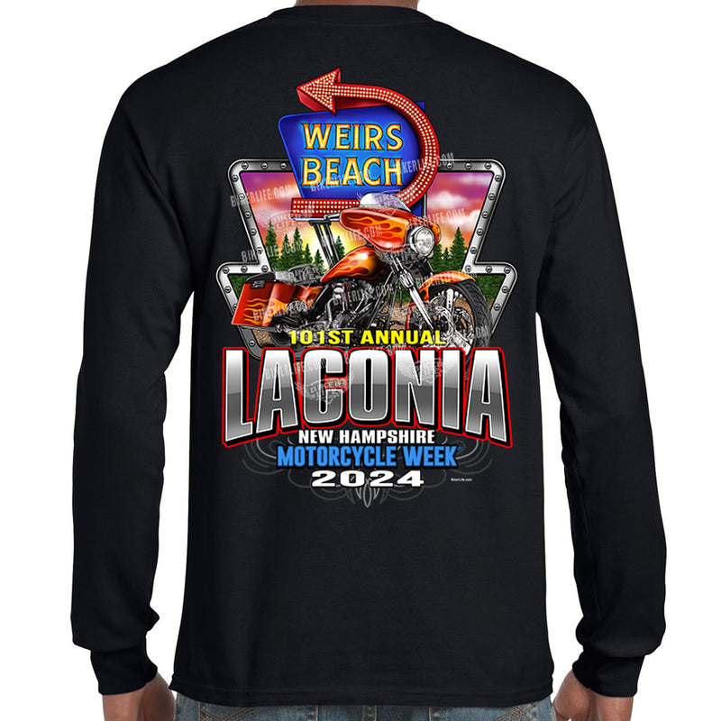 2024 Laconia Motorcycle Week Weirs Beach Neon Sign Sunset 101st Anniversary Long Sleeve