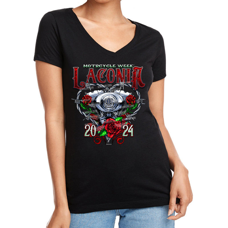 Ladies Jr. Cut 2024 Laconia Motorcycle Week Engine Heart V-Neck Shirt
