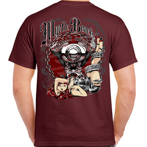 2024 Myrtle Beach Bike Rally Chained Engine Pinup Girl T-Shirt