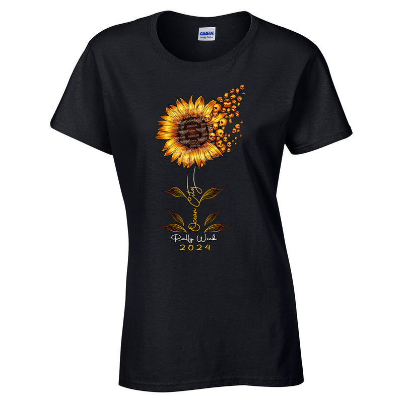 Ladies Missy Cut 2024 Ocean City Rally Week Sunflower Skulls T-Shirt