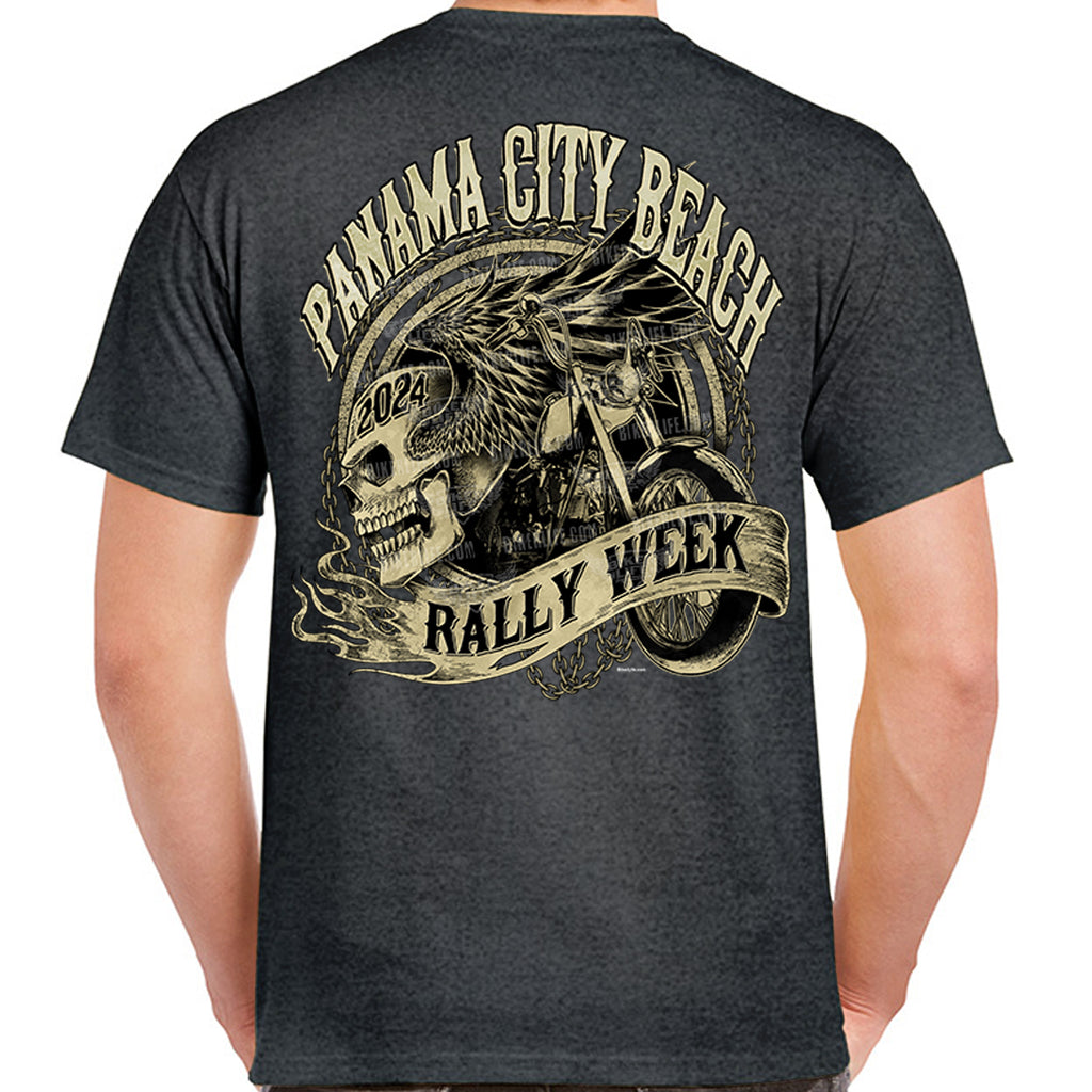 2024 Panama City Beach Rally Grunge & Chains Skull Wing T-Shirt