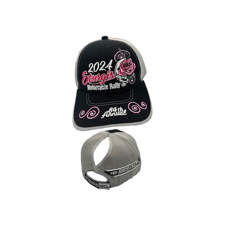 Ladies 2024 Sturgis Motorcycle Rally Rose Skull Diamond Ponytail Hat