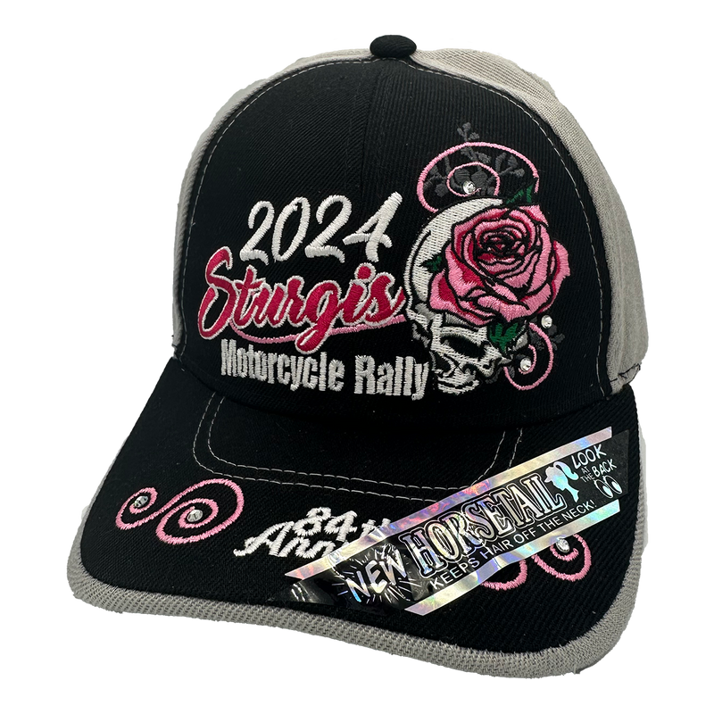 Ladies 2024 Sturgis Motorcycle Rally Rose Skull Diamond Ponytail Hat