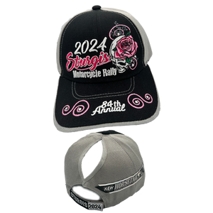 Ladies 2024 Sturgis Motorcycle Rally Rose Skull Diamond Ponytail Hat
