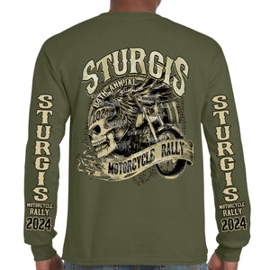 2024 Sturgis Motorcycle Rally Grunge & Chains Skull Wing Long Sleeve