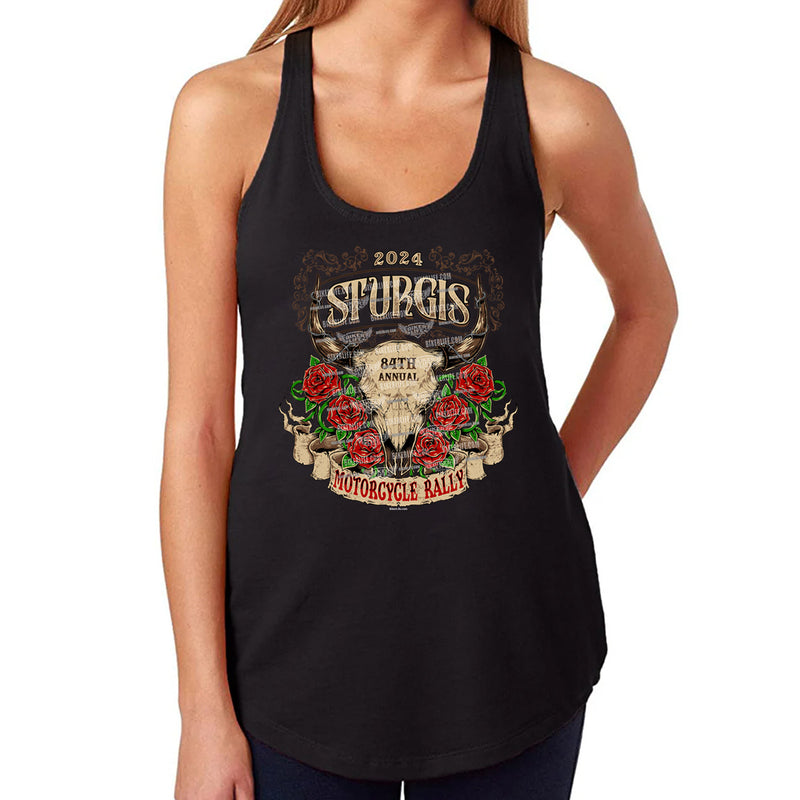 Ladies Jr. Cut 2024 Sturgis Motorcycle Rally Blooming Bison Skull Racerback Tank Top