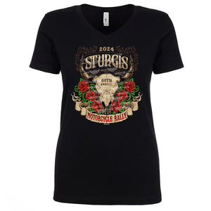 Ladies Jr. Cut 2024 Sturgis Motorcycle Blooming Bison Skull V-Neck Shirt