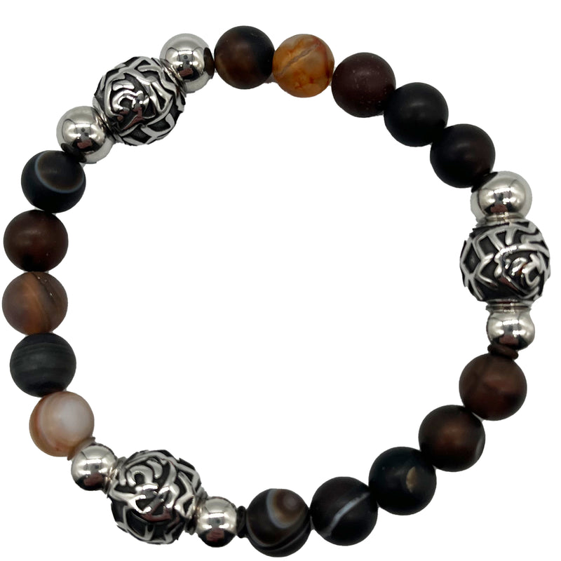 Brown Marble Natural Stone Beaded Stainless Steel Accents Bracelet