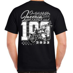 SPECIAL EDITION 2023 Laconia Motorcycle Week One Eyed Jack's Saloon 100 Years Finish Line T-Shirt