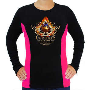 SPECIAL EDITION Ladies 2023 Laconia Motorcycle Week One Eyed Jack's Saloon Flaming Spade Two Toned Long Sleeve Shirt