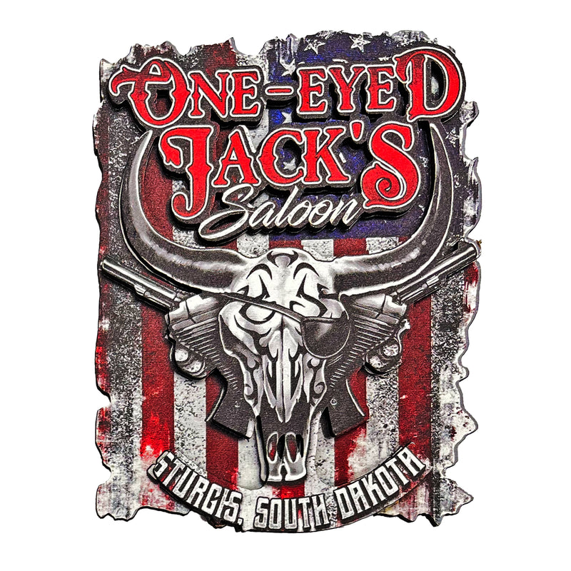 One Eyed Jack's Saloon Bison Skull Wooden 3D Magnet