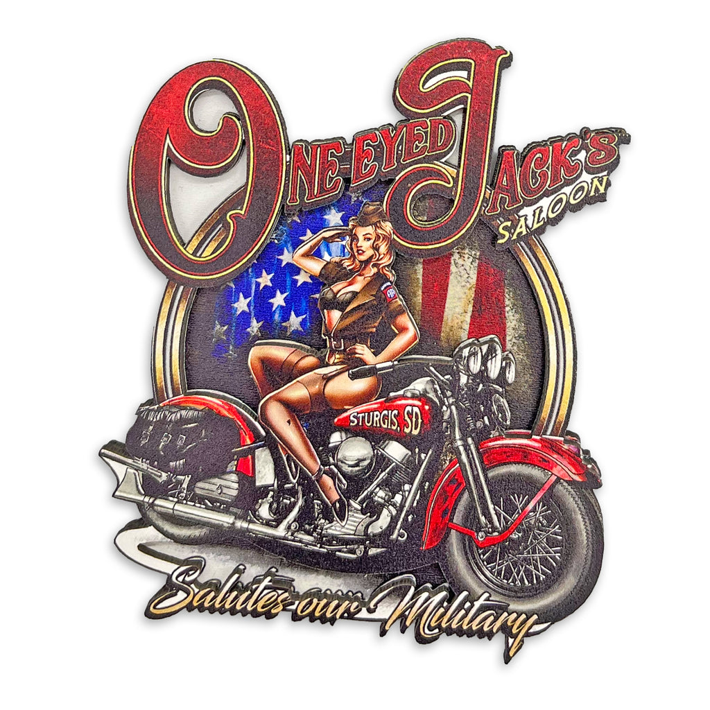 One Eyed Jack's Saloon Military Pinup Girl Wooden 3D Magnet